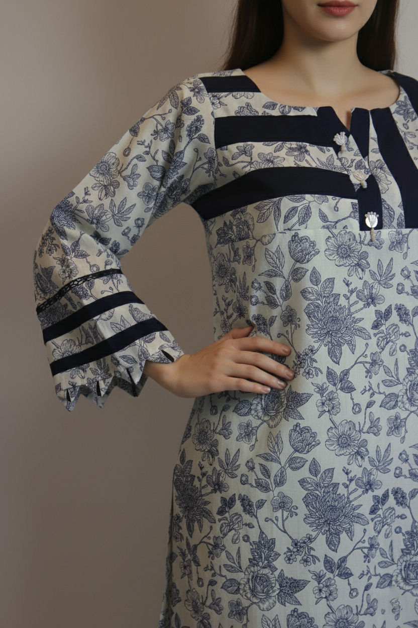 Ready to Wear Elegant Monochrome Floral Lawn Kurta 1-Piece Suit (Shirt only)